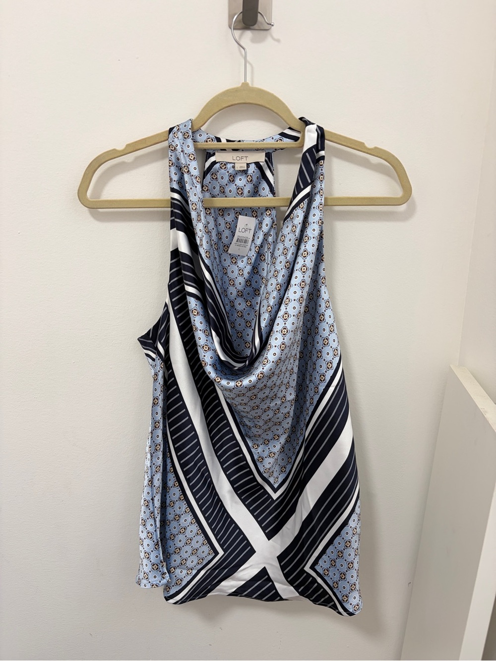 LOFT Light Blue and Navy Draped Cowl Neck Tank